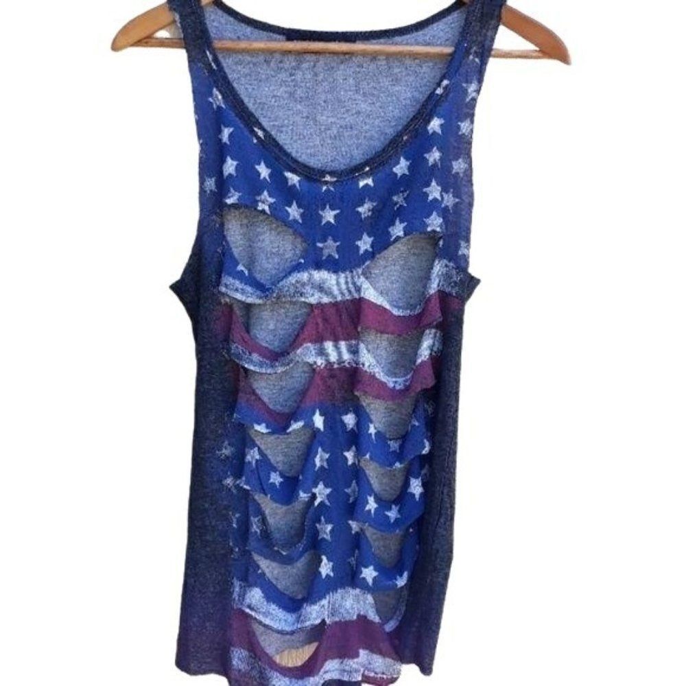 Tank Top M Destroyed Patriotic Flag Stars Distressed Cutouts‎ Blue Red Thrashed